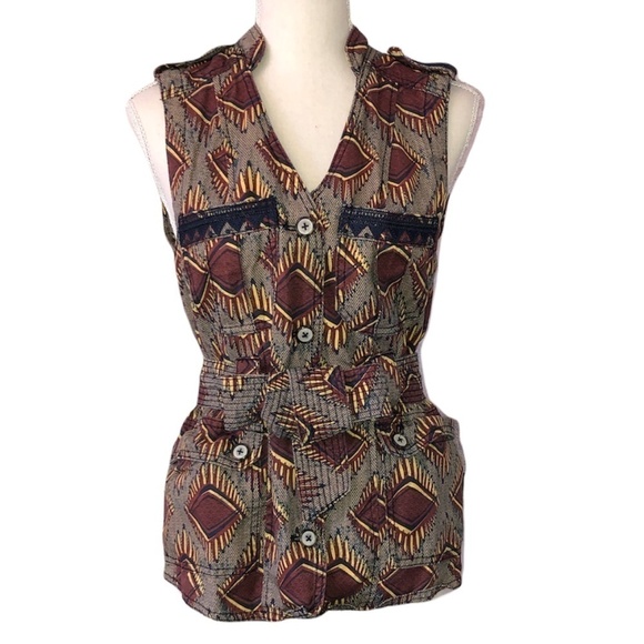 ANTHROPOLOGIE ELEVENSES Vest Women's Size Small Geo Vest Linen Brown Safari - Picture 1 of 13